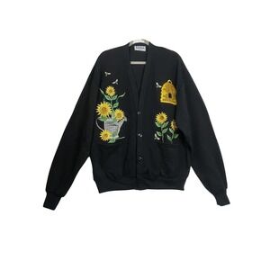 BellePointe at Ease Black Sunflower Bee Sweatshirt Cardigan Grandmacore Garden